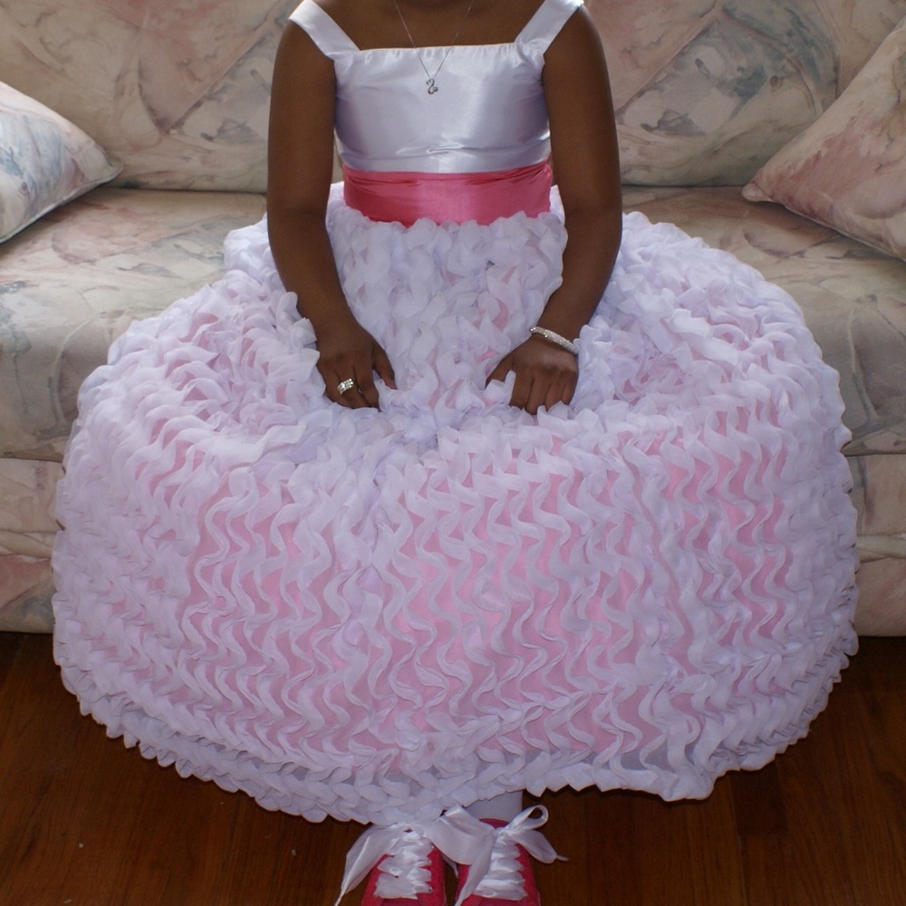 White & Pink Satin Ruffle Flower Girl Pageant Gown